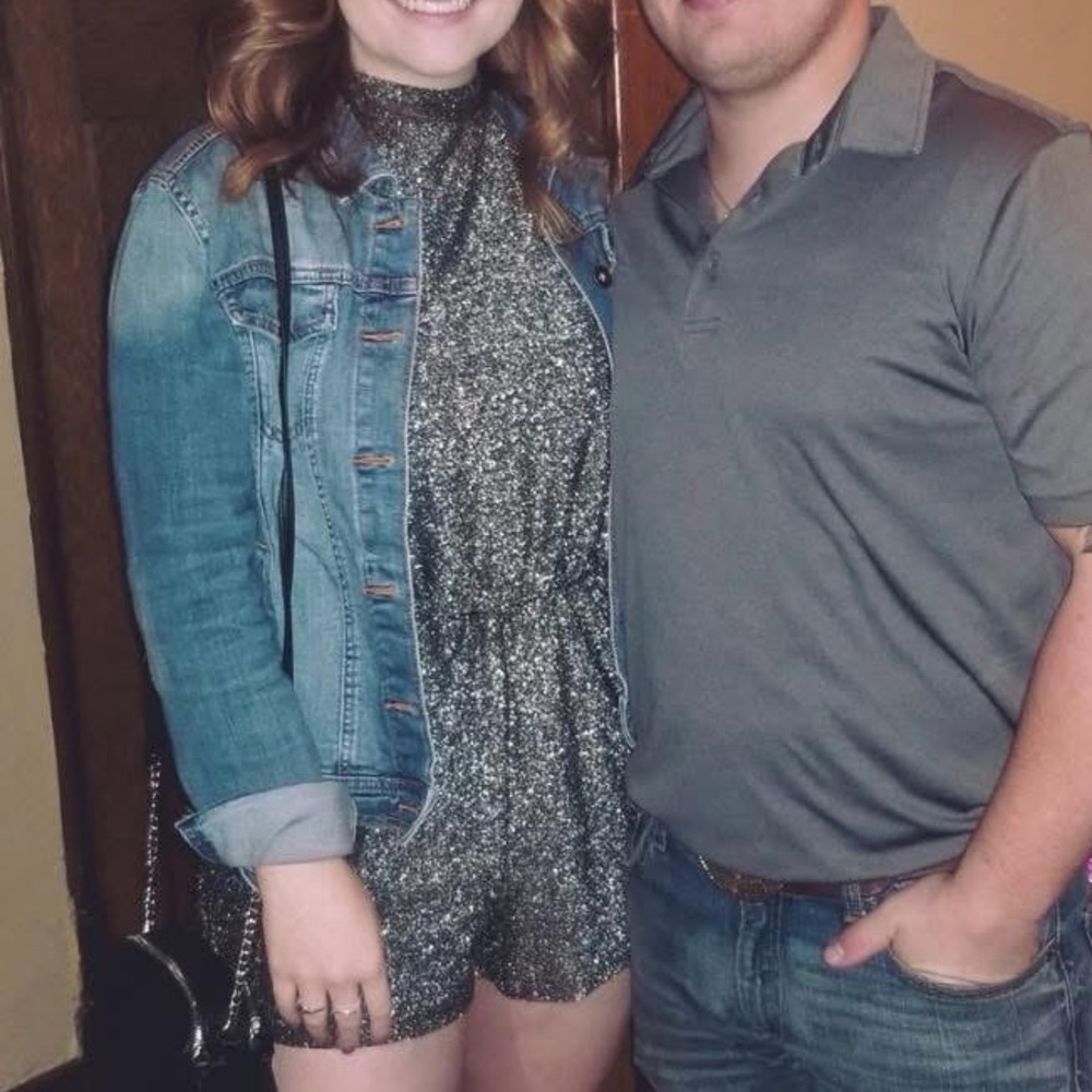 Gray sparkly She + Sky tie neck romper